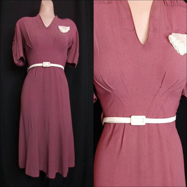 1939 Maxine Dress / 1930's 30s Soft Plum Rayon Crepe / Pintucks Ruching / 1930's 30s 40s