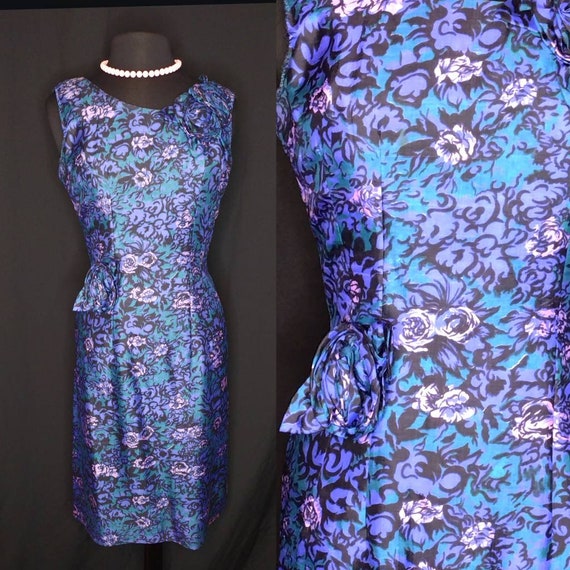 1950's Silk Watercolor Rose Wiggle Dress / Purple… - image 2