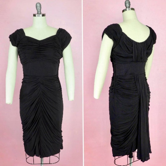 1950's Black Ruched Cocktail Dress w/ Train / 50s… - image 1