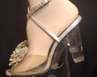 1970's 70s Clear Acrylic Lucite Block Heels / Ankle Straps / Silver Gold / Disco