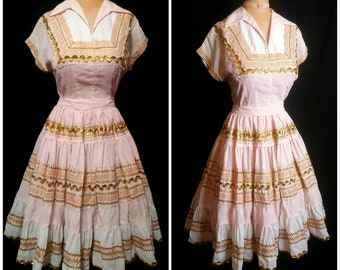1950s Folk Costume Set: Pink RicRac Skirt & Blouse, Size Small