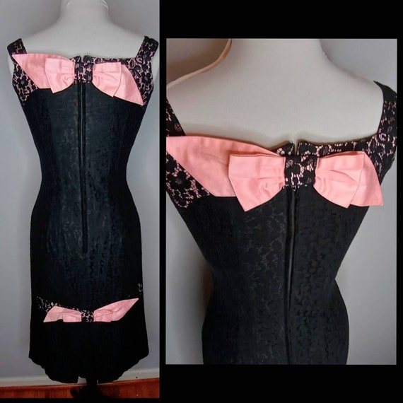 1950's 50s Black & Pink Venice Lace Sheath Wiggle… - image 4