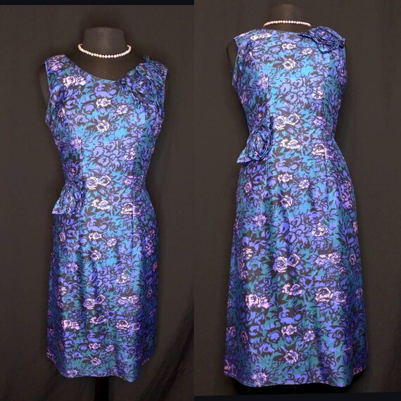 1950's Silk Watercolor Rose Wiggle Dress / Purple… - image 4