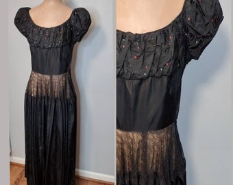 Années 1940 Longueur du sol Robe de fête de Noël / Robe de bal / Taffetas noir / Manches bouffantes / Paillettes rouges et vertes Années 40