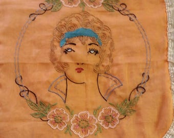 1920er Jahre Bestickter Boudoir Kissenbezug, Organdy Flapper Mohnblumen, Spitzenborte