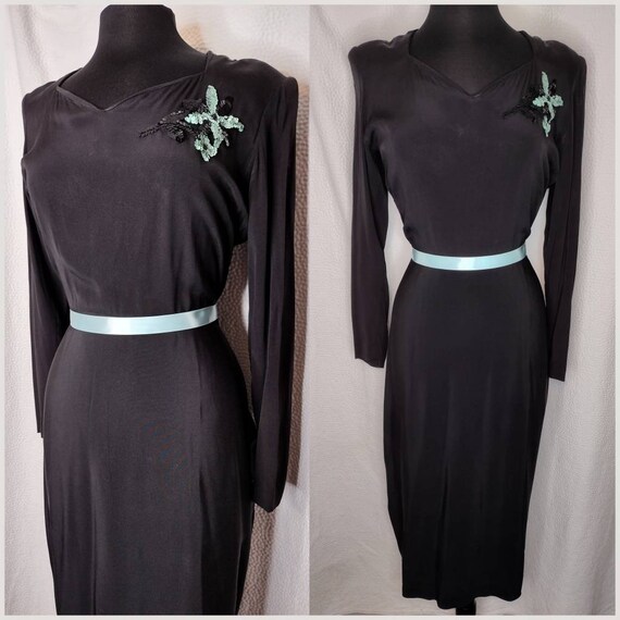 1930's 40s Black Crepe Bustle Dress / Teal Aqua S… - image 9