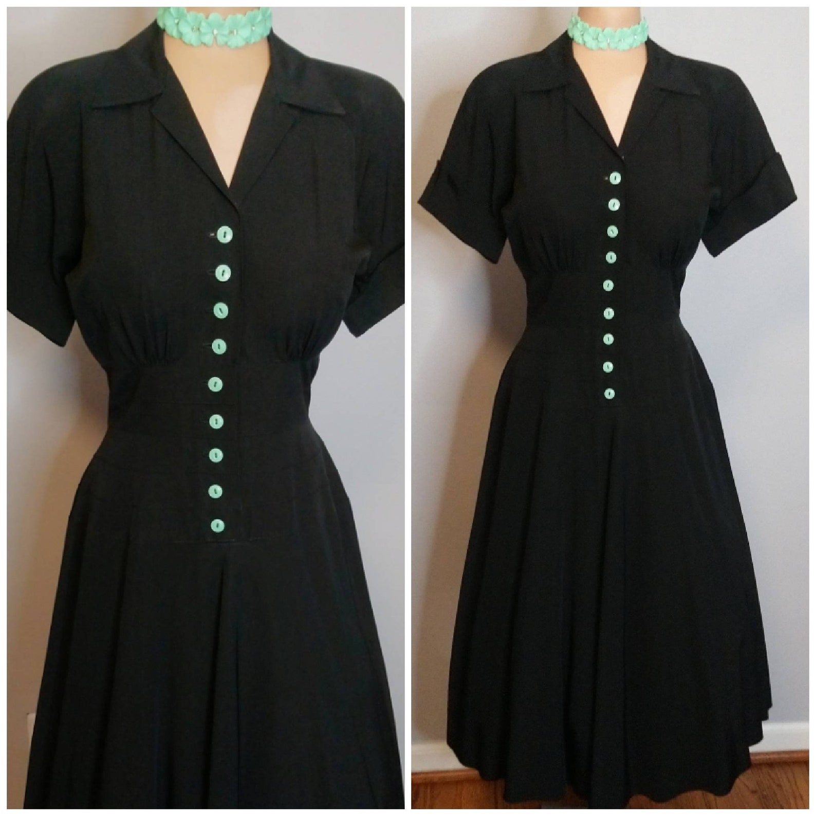 1950's 50s 1940's 40s HOSTESS DRESS Black w/Mint | Etsy