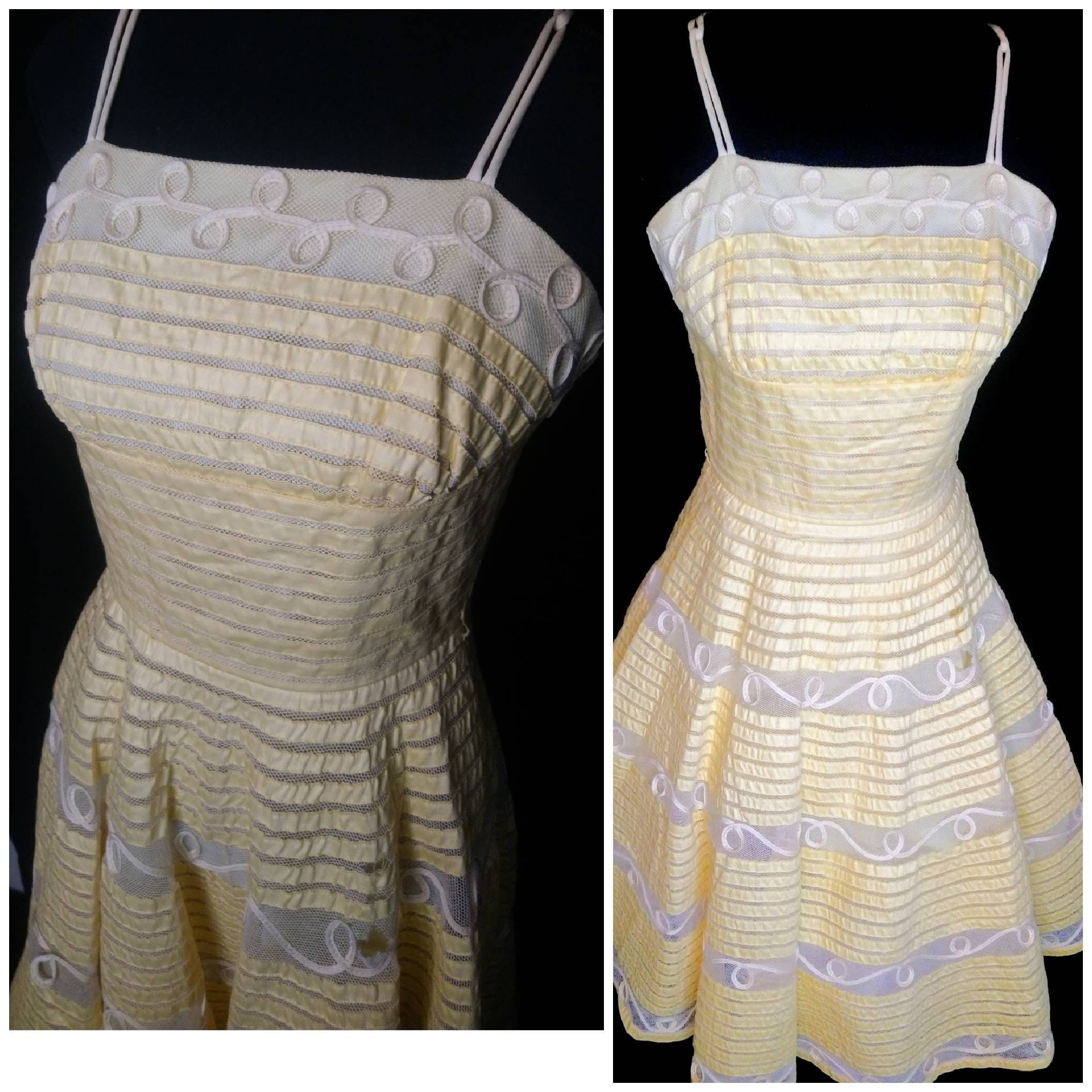REDUCED 1950&rsquo;s Pale Yellow Ribbon Dress / Fit and Flare - Etsy
