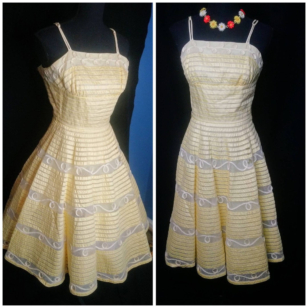 REDUCED 1950's Pale Yellow Ribbon Dress / Fit and Flare Full Circle