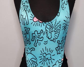 Vintage 80s Keith Haring Style Swimsuit, Teal & Black Leotard