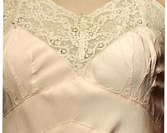 1930s Peachy Pink Rayon Nightgown with Ecru Lace, Old Hollywood Glamour