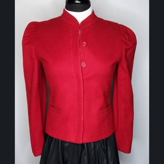 1980's Apple Red Wool Trachten Jacket / Puff Slee… - image 2
