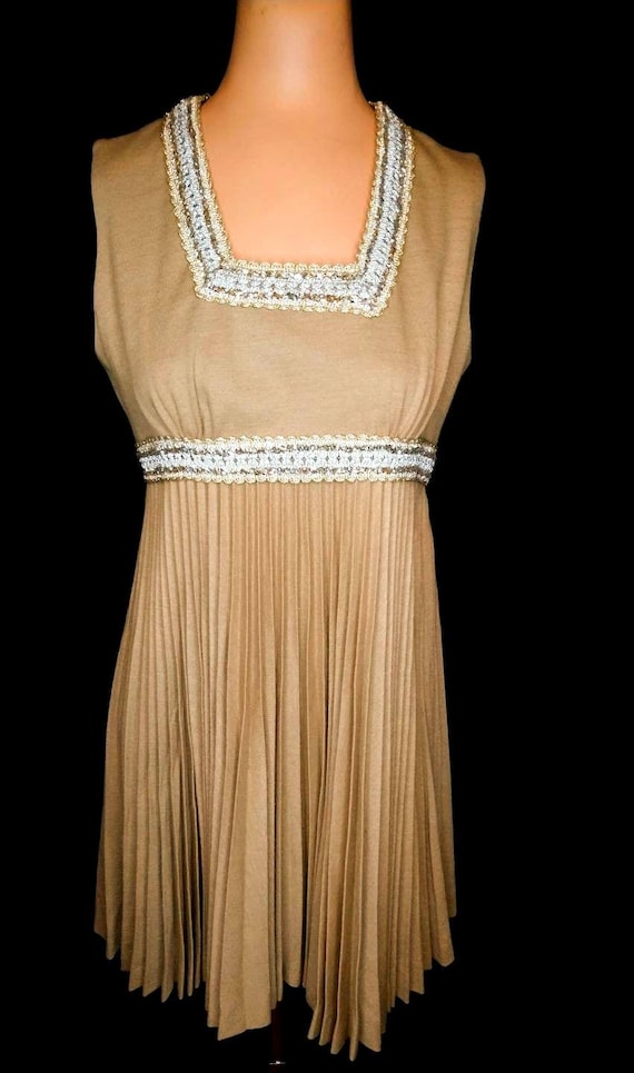 1960s Mr. Mort Mini Dress: Camel Wool, Metallic Trim