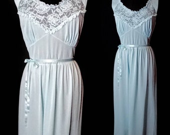 VOLUP 1950&#39;s 50s / 1960&#39;s 60s AIYANA NIGHTGOWN / Bridal Lingerie / Silky Light Baby Blue Nylon / Goddess Pinup