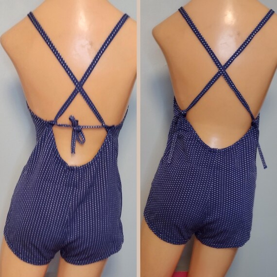 1930's 40s Navy Blue Polkadot One Piece Swimsuit … - image 3
