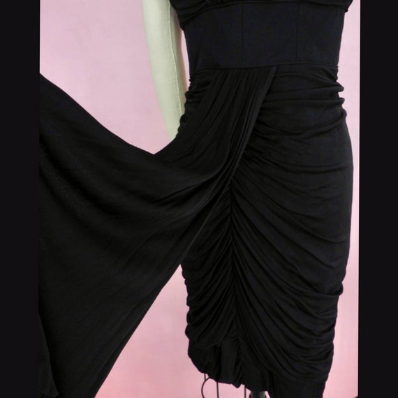 1950's Black Ruched Cocktail Dress w/ Train / 50s… - image 8