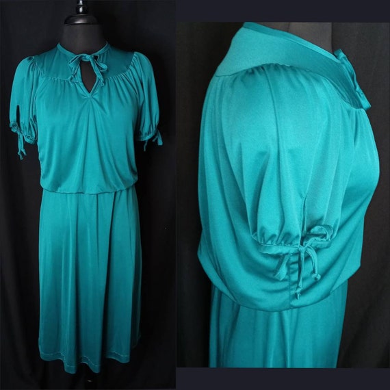 1970's Teal Secretary Dress / Jewel Tone Aqua Sil… - image 2