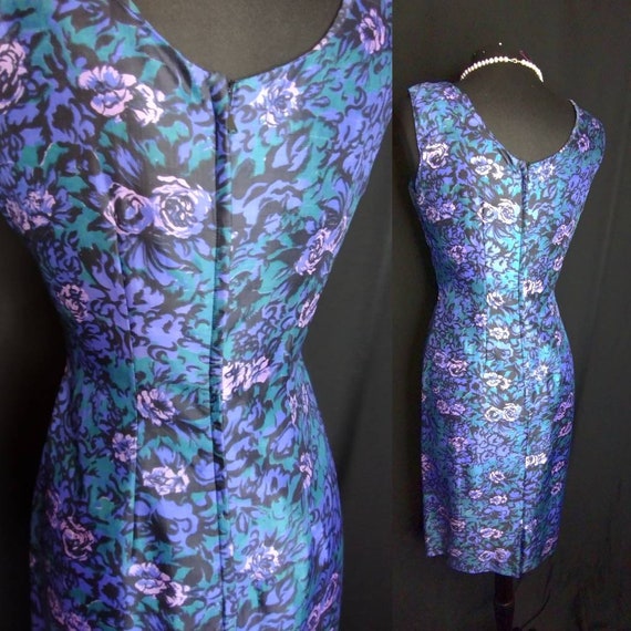 1950's Silk Watercolor Rose Wiggle Dress / Purple… - image 6