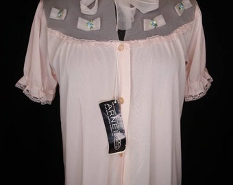 1950&#39;s 50s DEADSTOCK Sheer Pink Babydoll Robe / Puff Sleeves Bows / Pinup