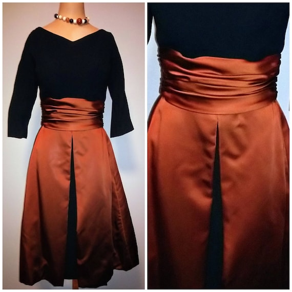 1950's 50s Liquid Bronze Satin + Black Crepe Cockt