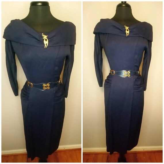 1950's 50s Inky Blue Wiggle Dress / Navy/ Sexy Bo… - image 10