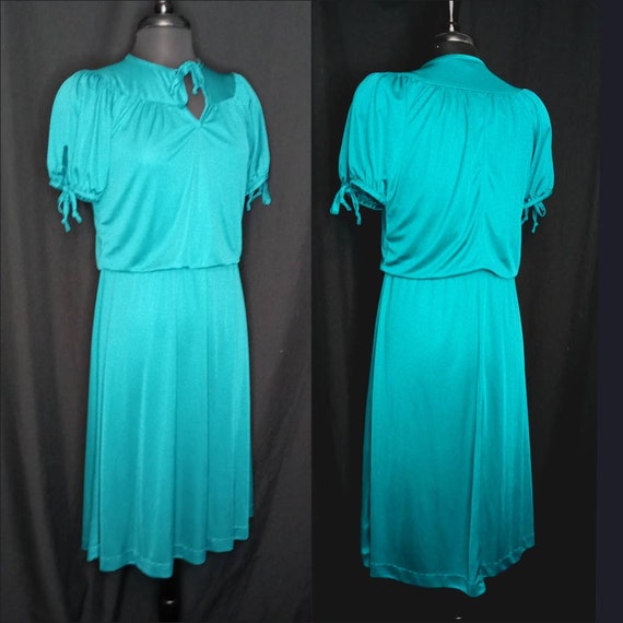 1970's Teal Secretary Dress / Jewel Tone Aqua Sil… - image 4