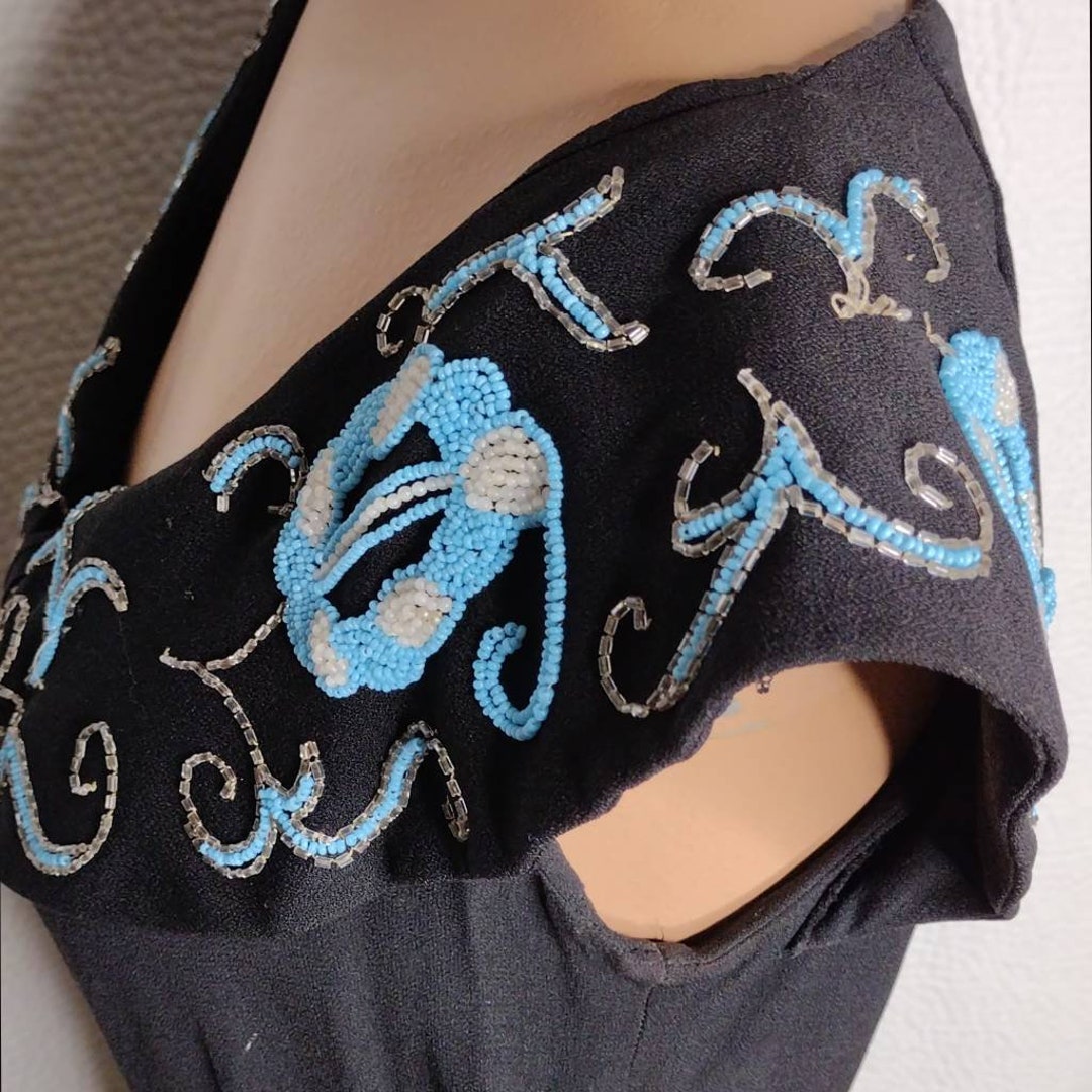1940s Black Crepe Dress with Beaded Bust