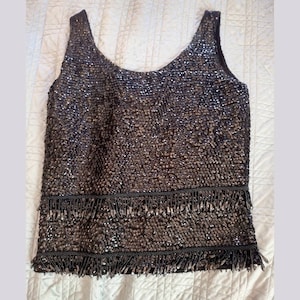1960&#39;s Black Beaded & Sequined Party Top / Vest / Fringe / 60s