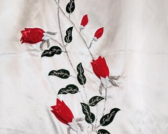 1950&#39;s FABRIC  Gorgeous Icey White Satin w/ Silver Beadwork Red Velvet Applique Roses / Holiday Christmas Wedding 50s 60s