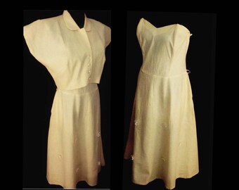 1940's 40s / 1950's 50s / Vintage Pale Yellow Strapless Dress / Plus Size / VOLUP /Strapless Bustier / Bolero / Daisies