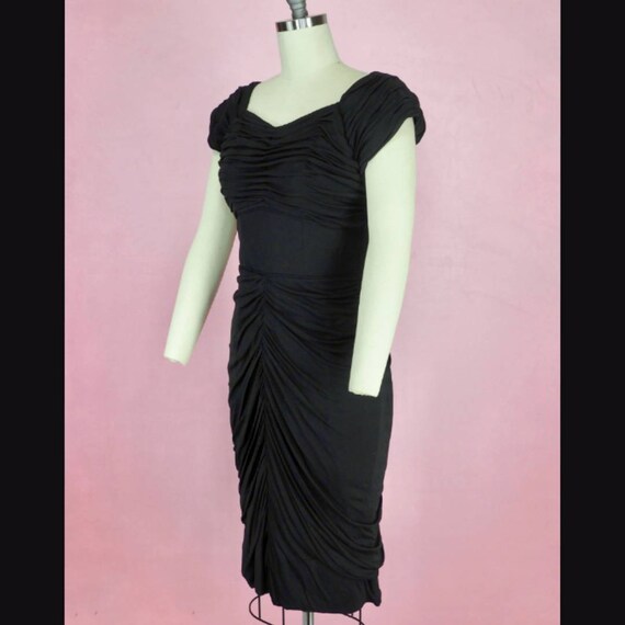1950's Black Ruched Cocktail Dress w/ Train / 50s… - image 7
