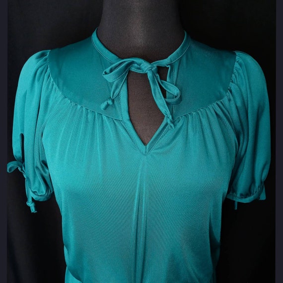 1970's Teal Secretary Dress / Jewel Tone Aqua Sil… - image 1