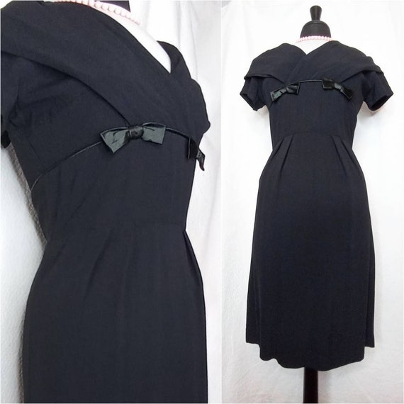 1950's Giana Wiggle Dress / LBD Black Crepe / Ray… - image 5