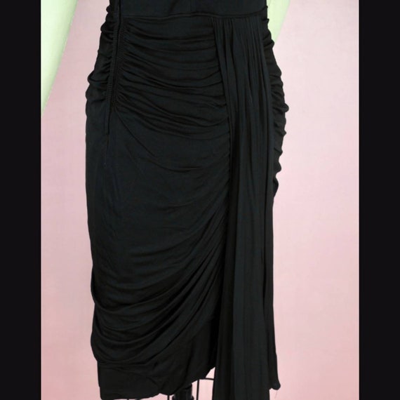 1950's Black Ruched Cocktail Dress w/ Train / 50s… - image 5