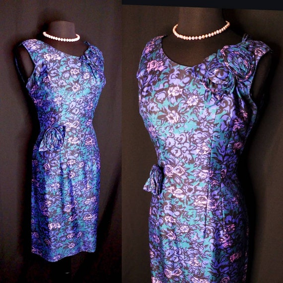 1950's Silk Watercolor Rose Wiggle Dress / Purple… - image 1