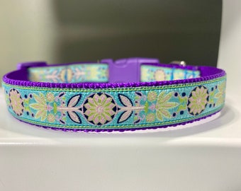 Pinwheel Zinnia - Turquoise - Purple - Lime - Dog Collar - 3/4" width