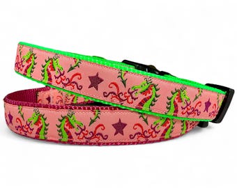 Dragon - Fantasy - Pink and Hot Green - Dog Collar - 3/4" Wide