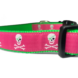 Pirate Skull and Crossbones Hot Pink Hot Green Dog Collar 3/4 Wide image 2