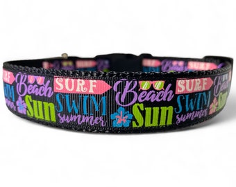 Summer - Surf - Swim - Beach - Sun - Black - Dog Collar - 1" Wide