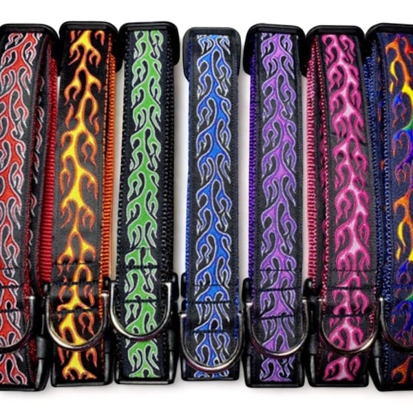 Fire - Flames - Red - Orange - Green - Blue - Pink - Purple - Rainbow - Dog Collar - 1" or 3/4" Wide