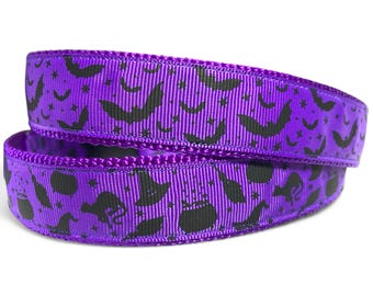 Halloween - Bats - Witch Hat - Broomstick - Black Cat - Cauldron - Purple - Dog Collar - 1" Wide