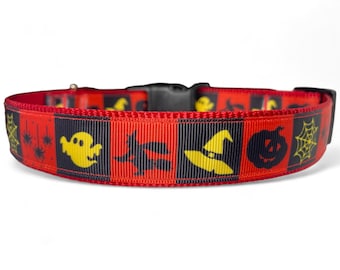 Halloween - Witch on Broomstick - Witch's Hat - Ghost - Spiders - Spider Web - Jack-O-Lantern - Red - Black - Dog Collar - 1" or 3/4" Wide