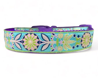 Pinwheel Zinnia - Turquoise - Purple - Lime - Dog Collar - 1" width
