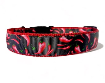Spicy - Hot Peppers - Chili Peppers - Black - Red - Dog Collar - 1" Width