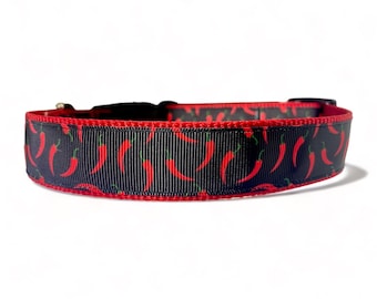 Spicy - Hot Peppers - Chili Peppers - Black - Red - Dog Collar - 3/4" and 1" Widths