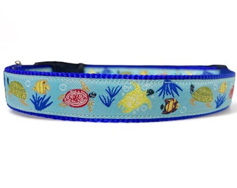 Sea Turtle - Reef - Ocean - Sea Creatures - Blue - Dog Collar - 3/4" Wide