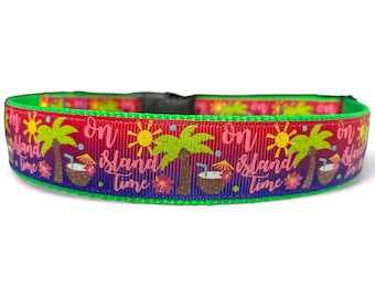 On Island Time - Beach - Palm Trees - Summer - Purple - Pink - Dog Collar - 1" Wide