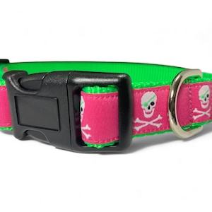 Pirate Skull and Crossbones Hot Pink Hot Green Dog Collar 3/4 Wide image 3