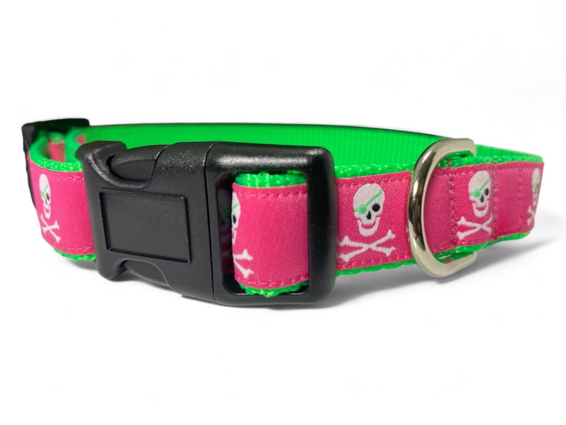 Pirate Skull and Crossbones Hot Pink Hot Green Dog Collar 3/4 Wide image 3