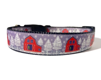 Winter Barn Scene - Farm - Gray - Red - Dog Collar - 1" Wide